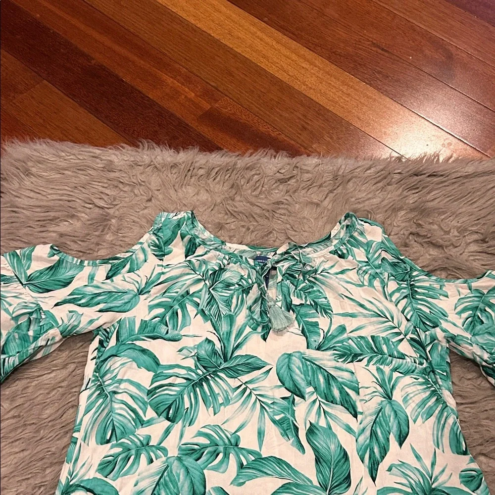 Caribbean Joe Tropical Green Leaf Print Off The Shoulder‎ Flowy Rayon Dress